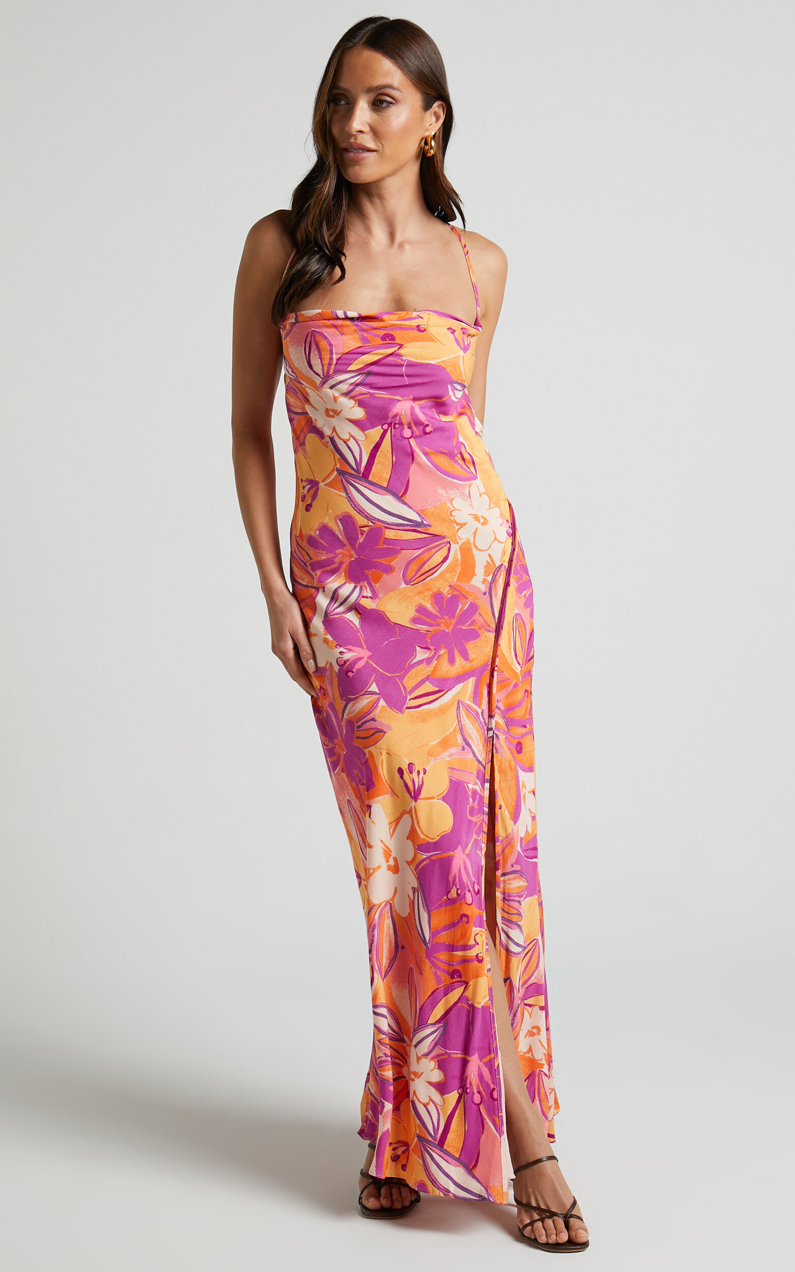 Zydelle Midaxi Dress - Cowl Neck Thigh Split Dress in Purple Floral - 10, PRP1