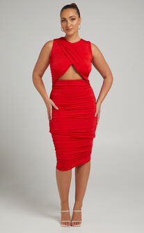 Selita Ruched High Neck Midi Dress in Red
