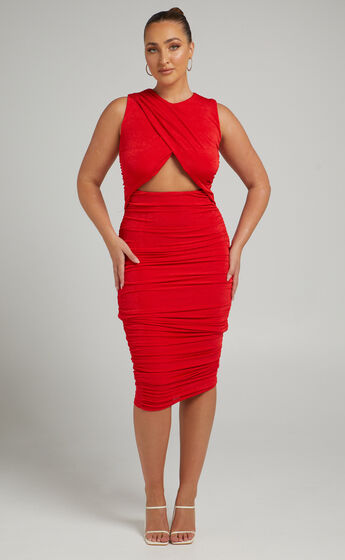 Selita Ruched High Neck Midi Dress in Red