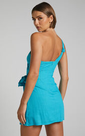 Harper Mini Dress - Linen Look One Shoulder Gathered Wrap Waist Dress ...