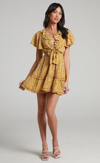 Emily Tie Front Frill Detail Mini Dress in Mustard Floral