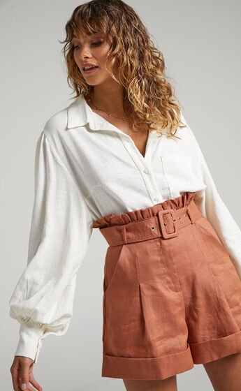 Amalie The Label - Georganna Linen Paper Bag Belted Shorts in Rust