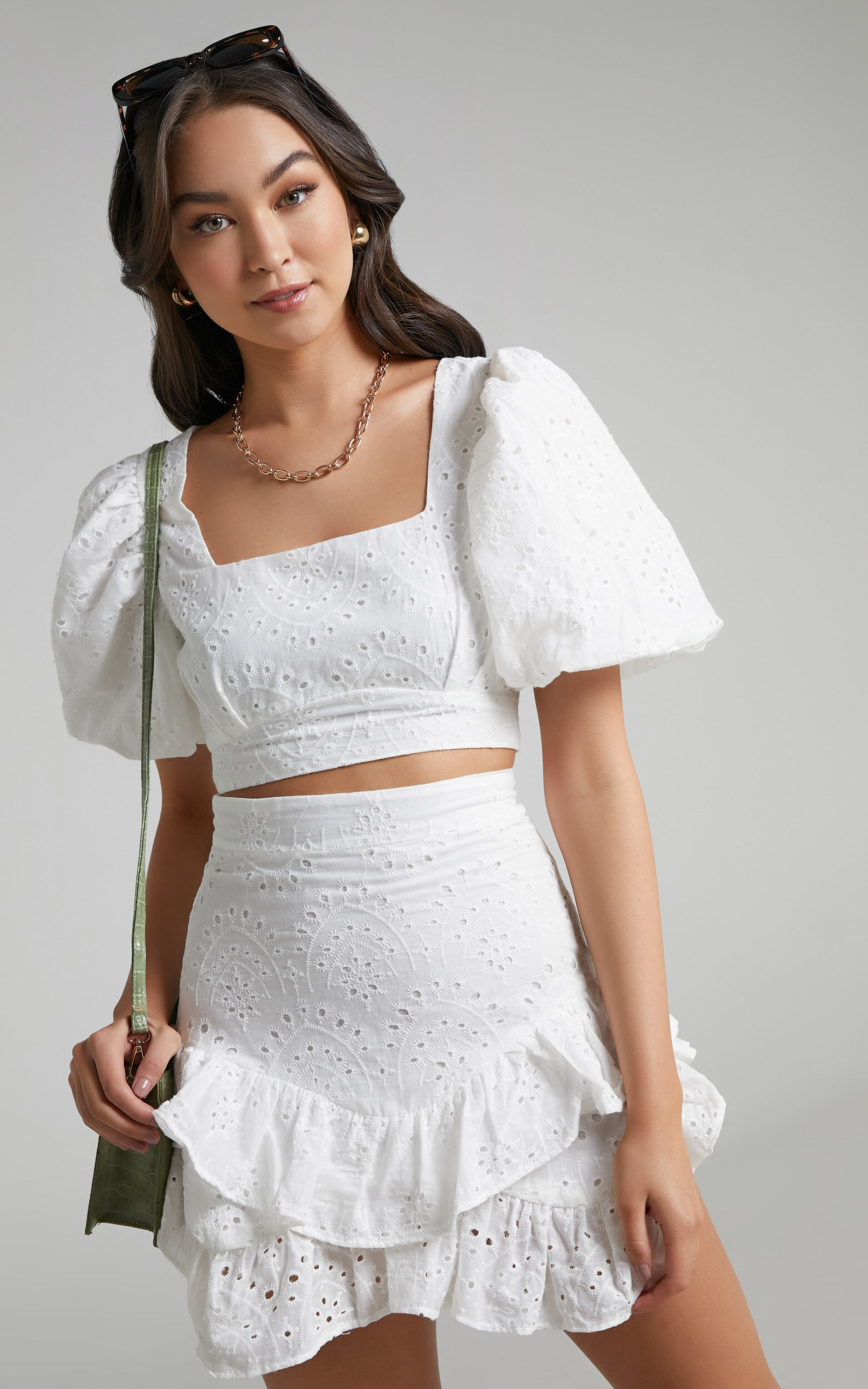 Levieth Puff Sleeve Ruffle Skirt Two Piece Set in White Embroidery Anglaise - 06, WHT1
