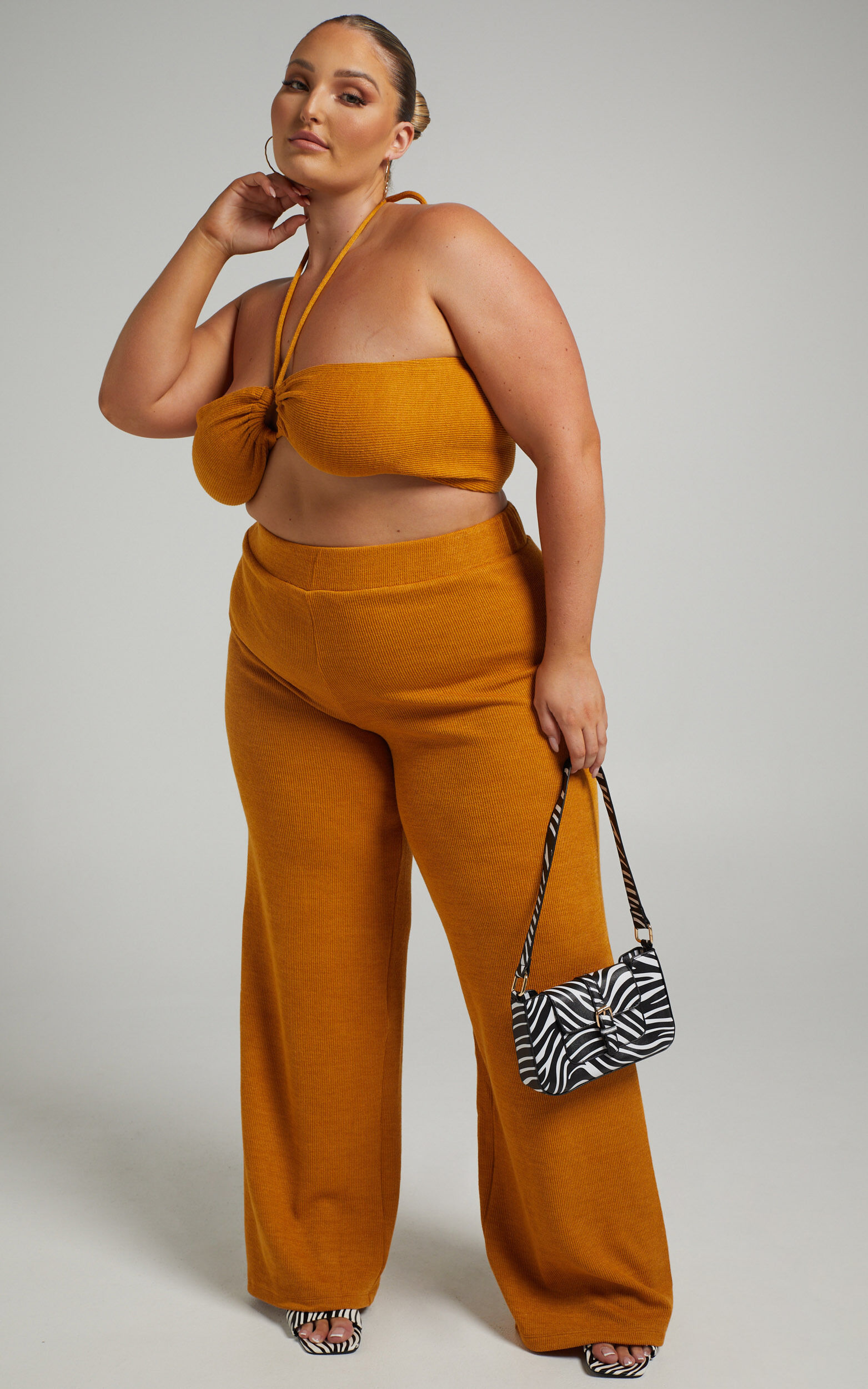 Juliann Knit Two Piece Pant Set with Crop Top in Marigold - 04, YEL3, super-hi-res image number null