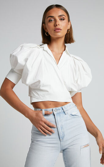 Merabelle Shirt - Puff Sleeve Cropped Wrap Shirt in White