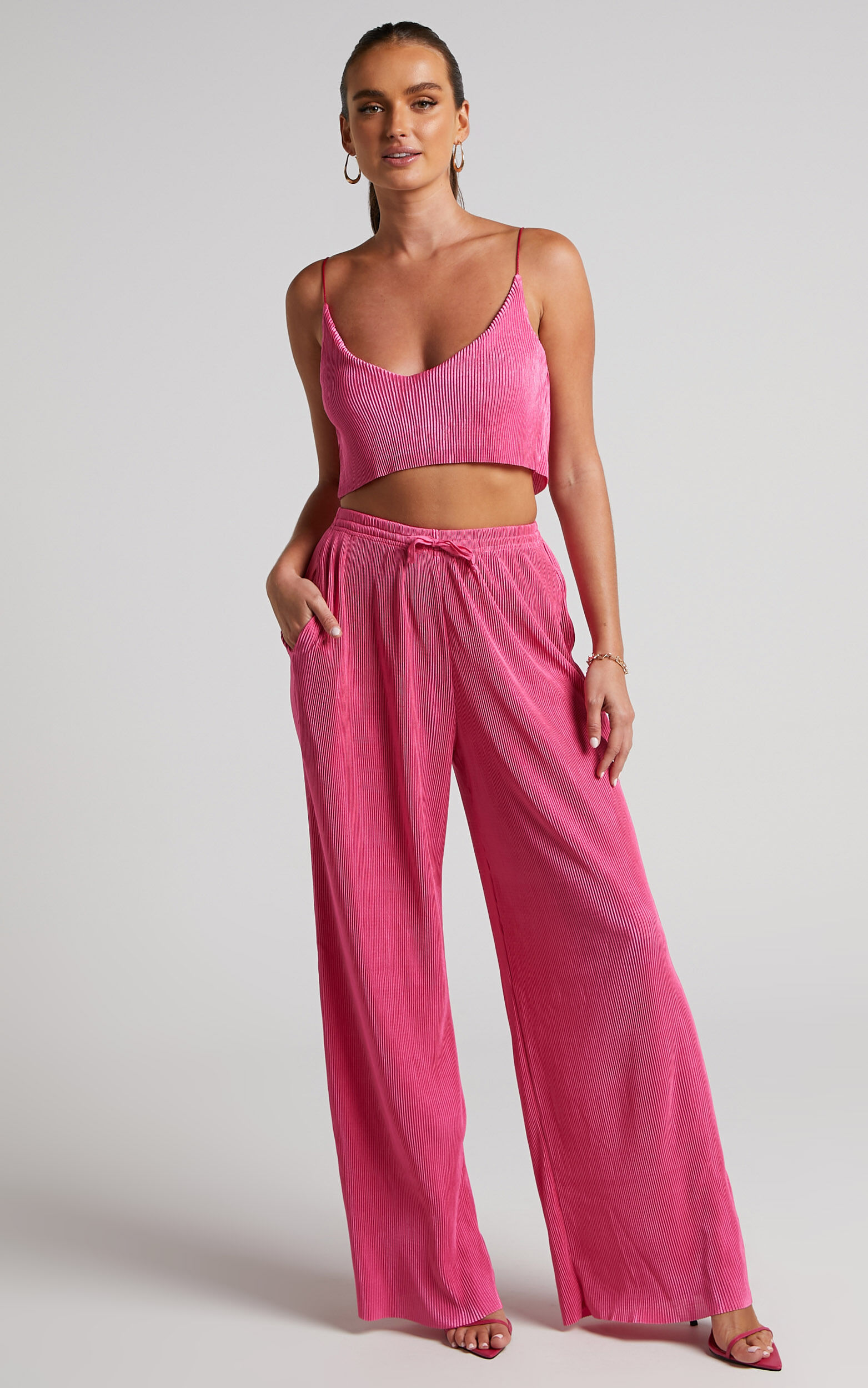 Elowen Two Piece Set - Plisse Crop Top and Relaxed Wide Leg Pants in Pink - 04, PNK2, super-hi-res image number null