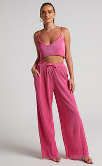 Elowen Two Piece Set - Plisse Crop Top and Relaxed Wide Leg Pants in Pink