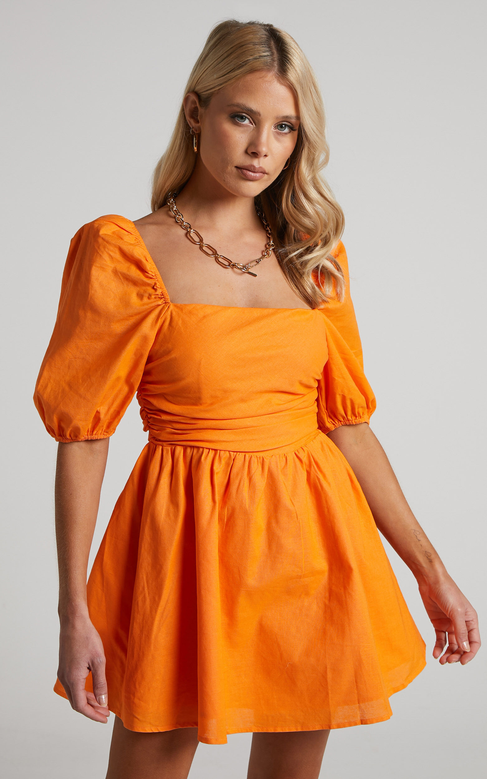 Claudina Mini Dress - Puff Sleeve Ruched Bodice Dress in Bright Orange ...