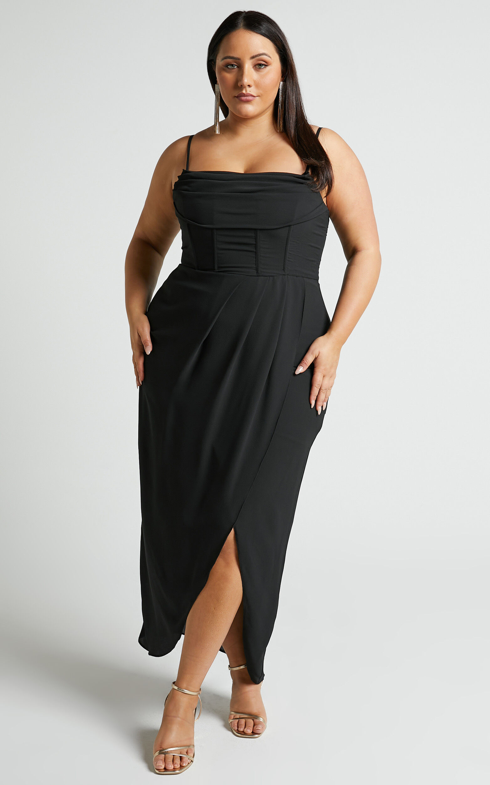 Andrina Midaxi Dress - High Low Wrap Corset Dress in Black | Showpo USA