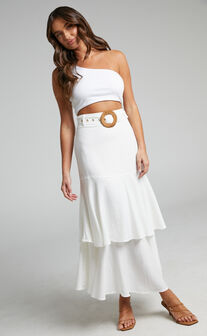 Sanya Belted Tiered Frill Hem Maxi Skirt in White