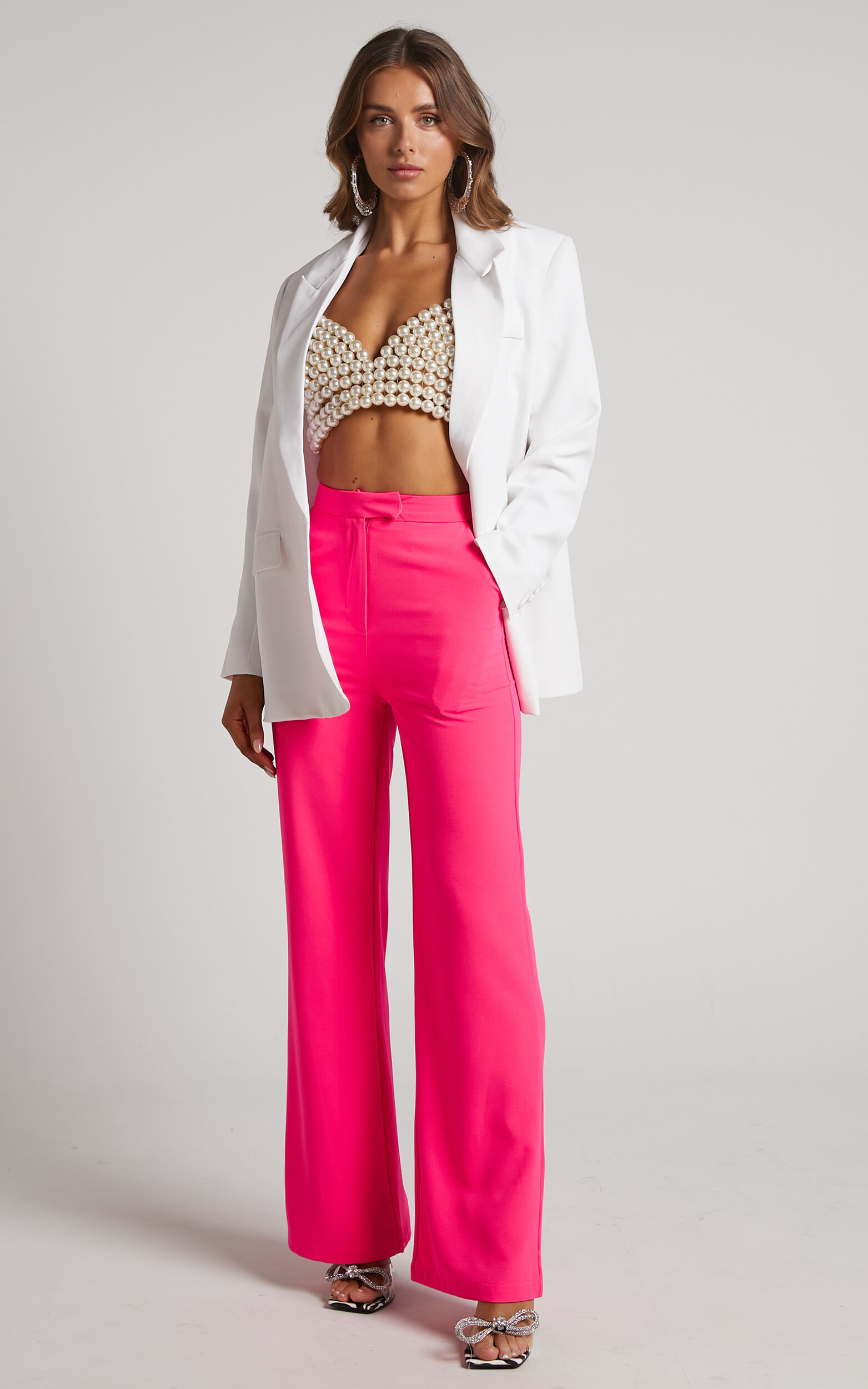Kimmay Pants - High Waisted Tailored Straight Leg Pants in Hot Pink - 04, PNK2