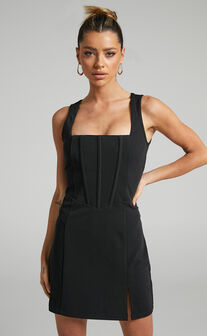 Aleyna Mini Dress - Panelled Corset Side Split Dress in Black