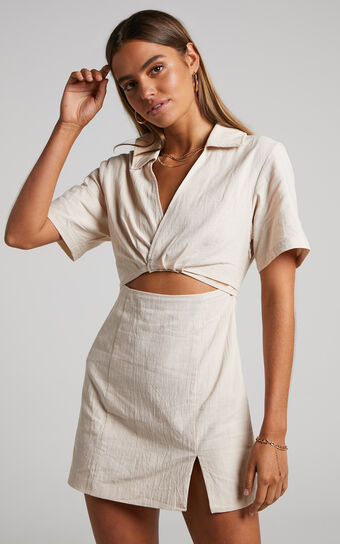 Marsha Mini Dress - Cut Out Short Sleeve Dress in Natural