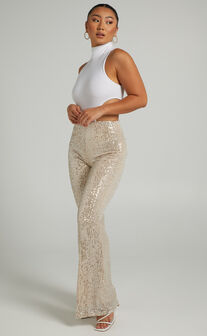 Deliza Mid Waisted Sequin Flare Pants in Champagne