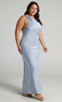Elzales One Shoulder Beaded Strap Satin Maxi Dress in Pale Blue