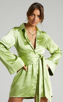 Hadid Button Down Waist Tie Shirt Dress in Green
