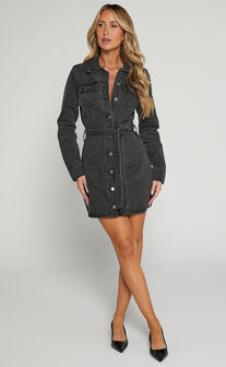 Enriquetta Mini Dress - Recycled Cotton Denim Long Sleeve Button Up Dress in Washed Black