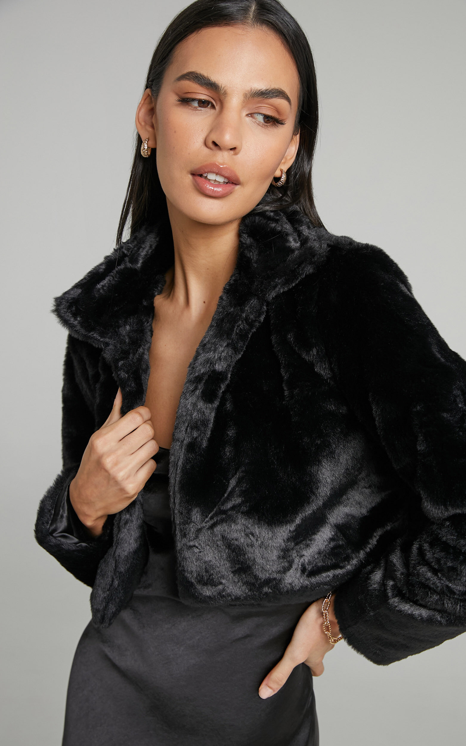 Roxnie Cropped Faux Fur Jacket in Black - 04, BLK1, super-hi-res image number null