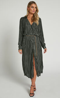Donelli Midi Dress - Plisse Oversized Collared Shirt Dress in Olive