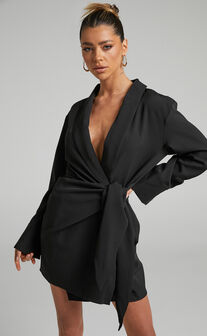 Pamela Mini Dress - Tie Wrap Blazer Dress in Black