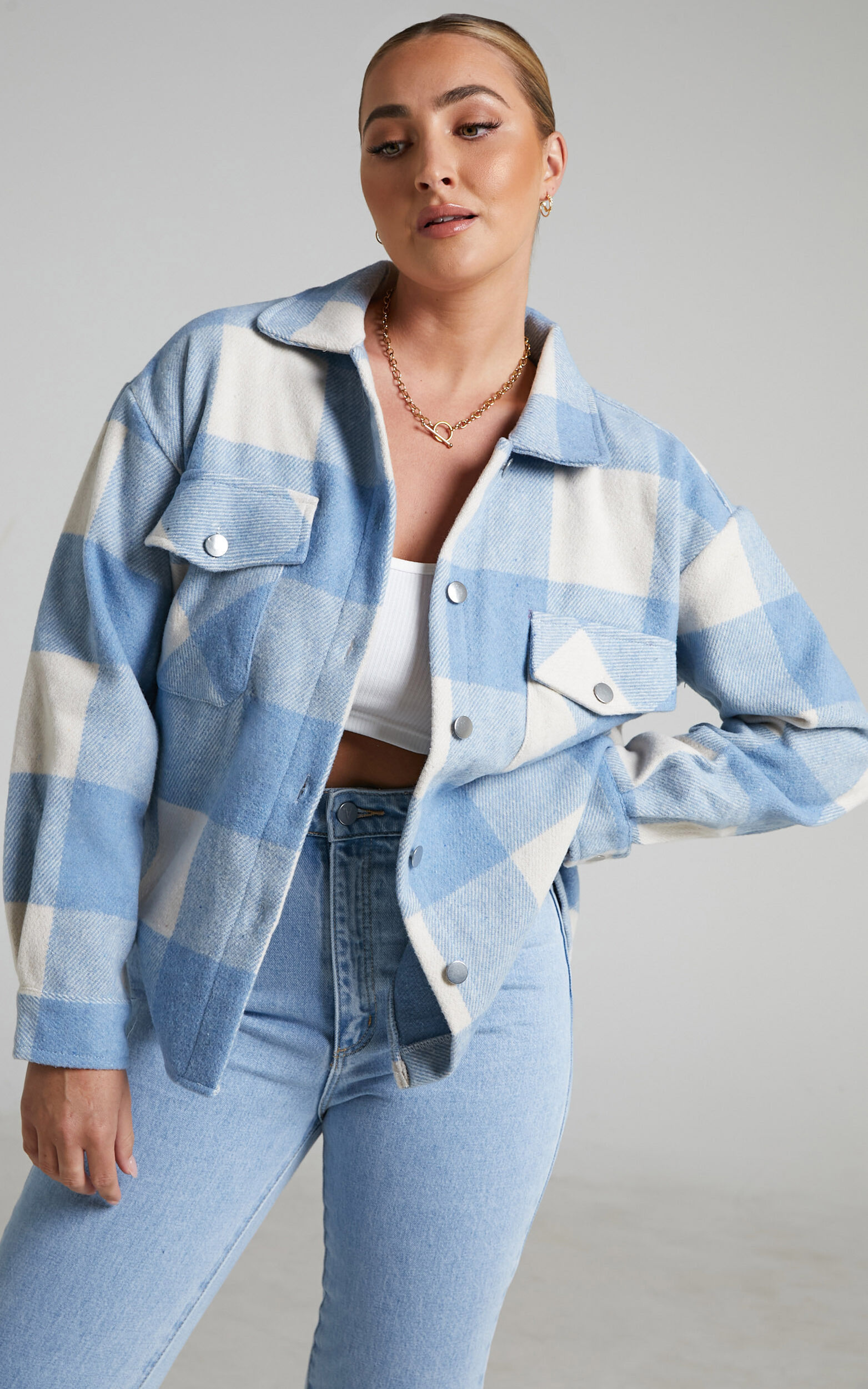 Bianca Oversized Check Shacket in Powder Blue and White - XS, BLU1