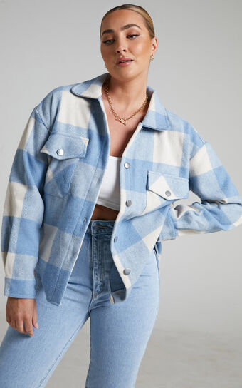 Bianca Oversized Check Shacket in Powder Blue and White