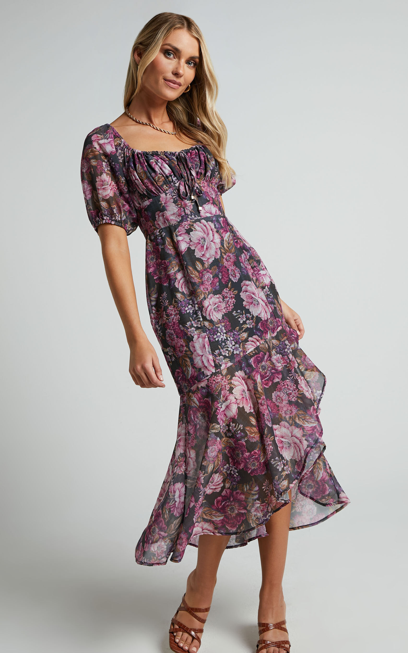 Jasalina Midaxi Dress - Puff Sleeve Dress in Harvest Floral - 04, PNK1