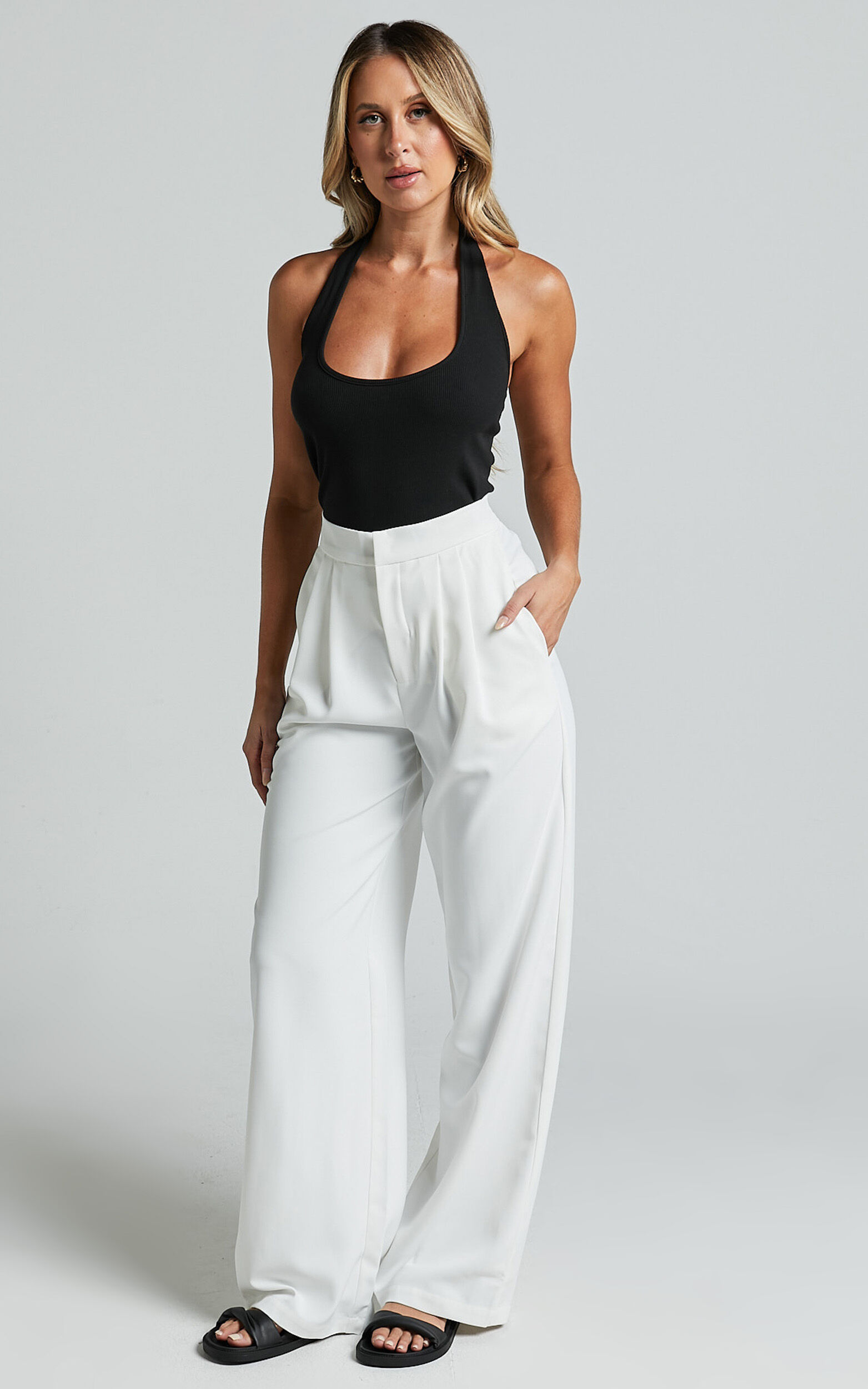 Brigette Pants - Pleated High Waisted Wide Leg Relaxed in White - 04, WHT1