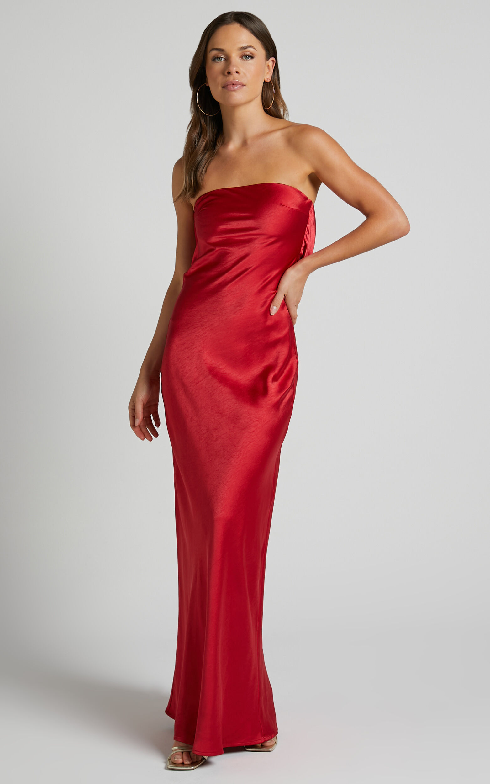 Charlita Strapless Cowl Back Satin Maxi Dress in Cherry Red - 06, RED1, super-hi-res image number null