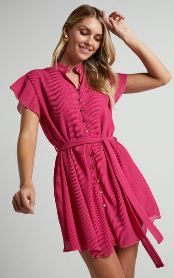 Kerray Mini Dress - Button Up Short Sleeve Tie Waist Dress in Fuchsia