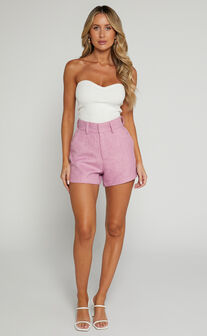 Carrie Shorts -  High Waisted Tailored Tweed Shorts in Pink