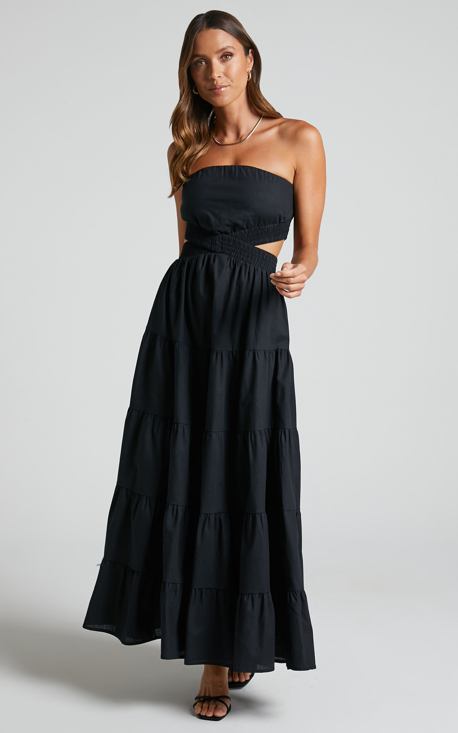 Xiomara Maxi Dress - Strapless Cut Out Tiered Dress in Black - 06, BLK1, super-hi-res image number null
