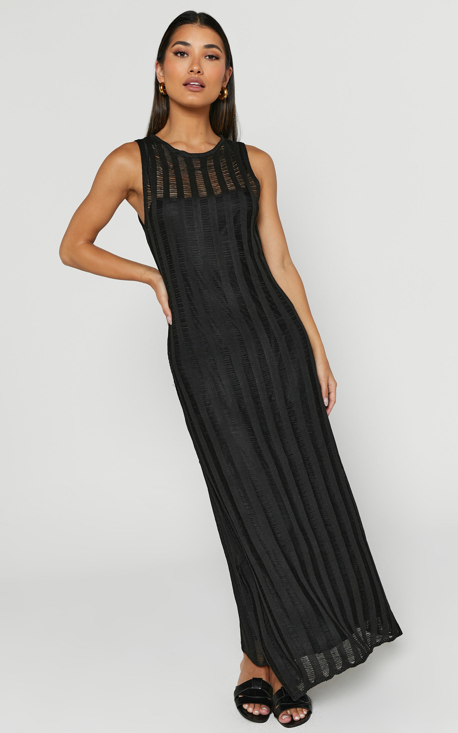 Aimee Midaxi Dress - Sleeveless Flared Knit Dress in Black - L, BLK1