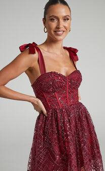 Rimea Tie Shoulder Bustier Bodice Glitter Tulle Maxi Dress in Berry