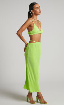 Elowen Two Piece Set - Plisse Twist Front Crop Top and Midi Skirt in Lime