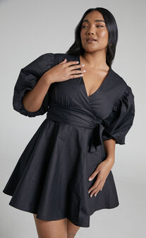 Zyla Puff Sleeve Wrap Mini Dress in Black