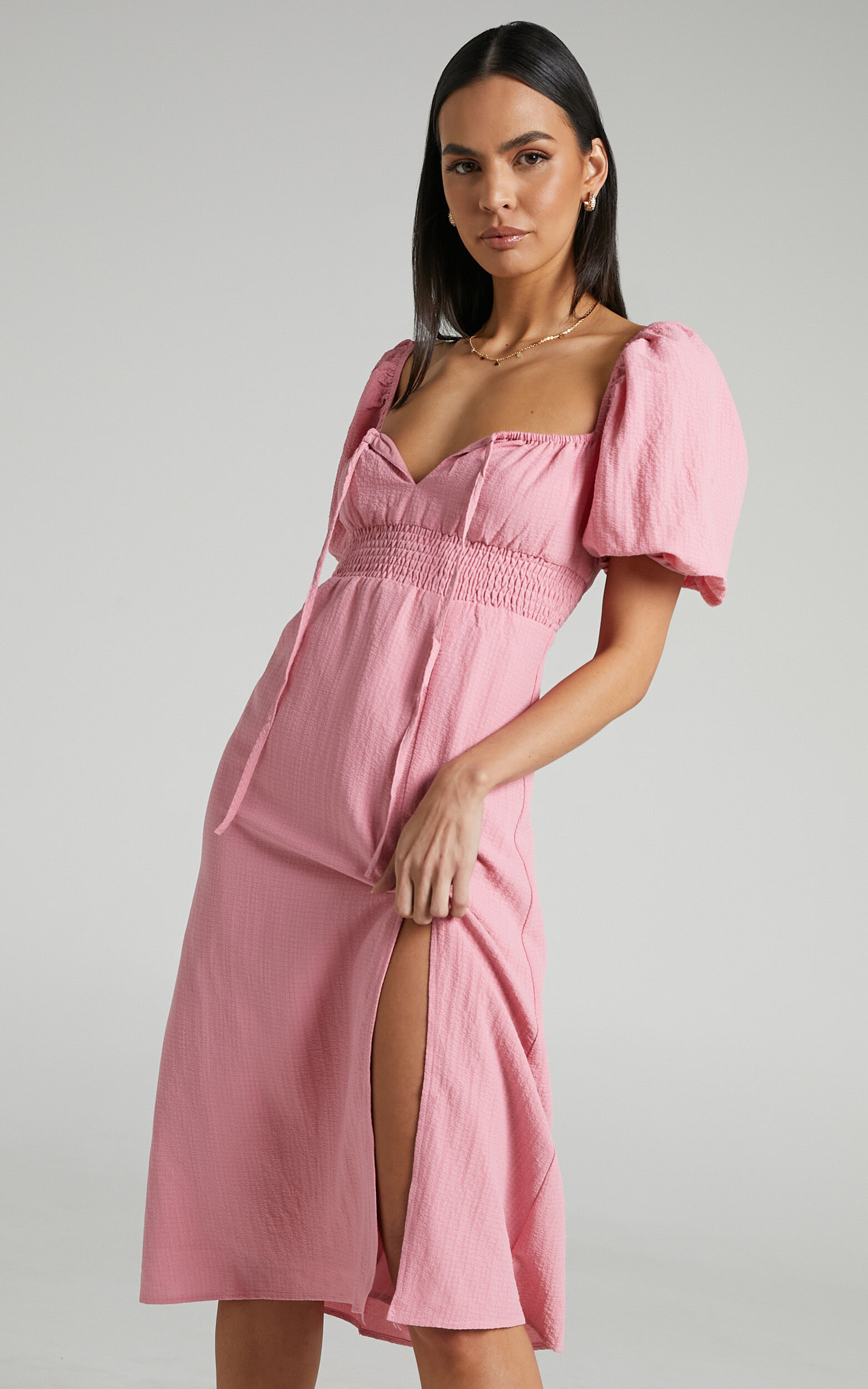 Yanet Shirred Puff Sleeve Midi Dress in Dusty Pink - 08, PNK1, super-hi-res image number null