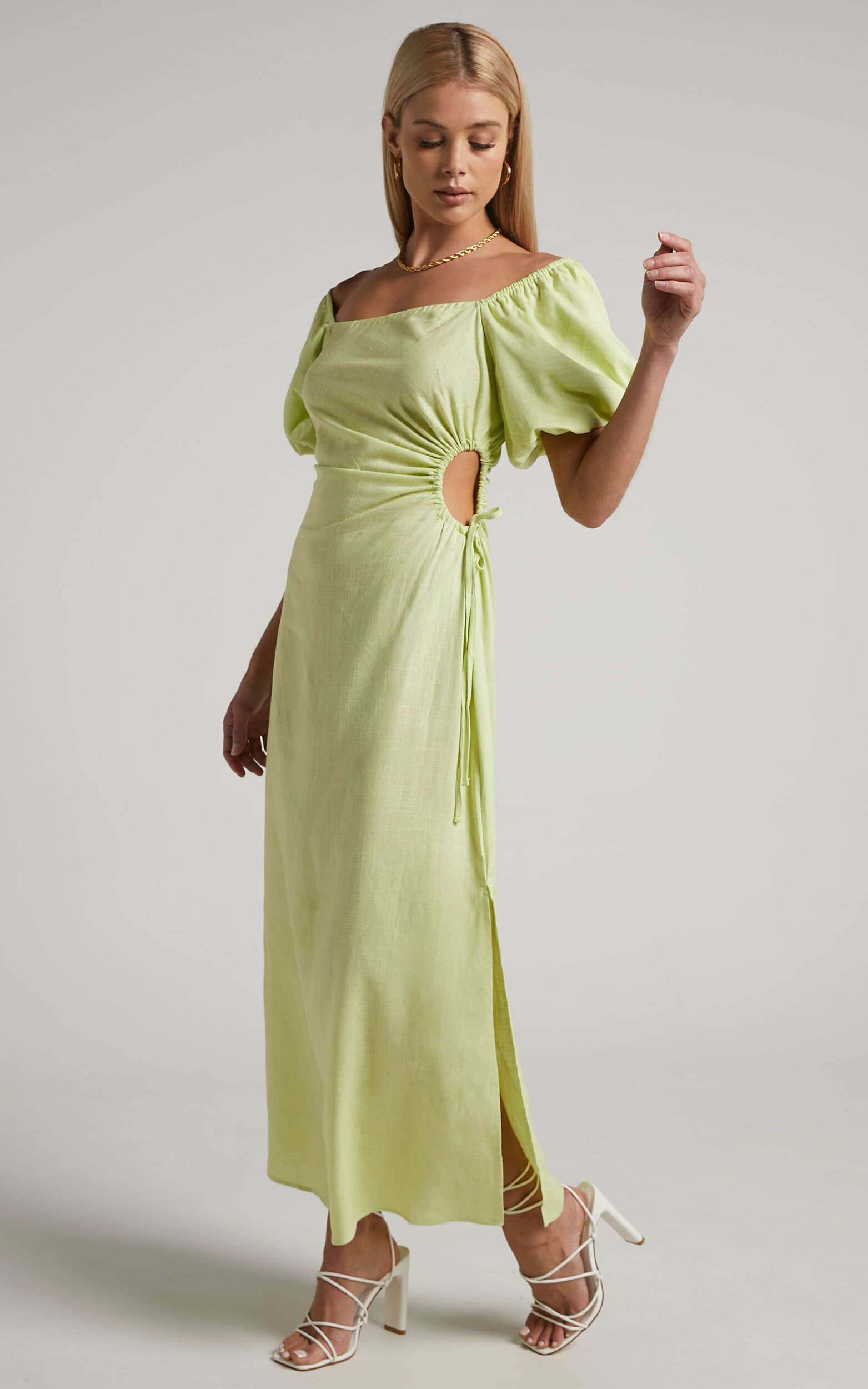 Ebony Maxi Dress - Side Cut Out Square Neck Puff Sleeve Dress in Citrus - 06, YEL1