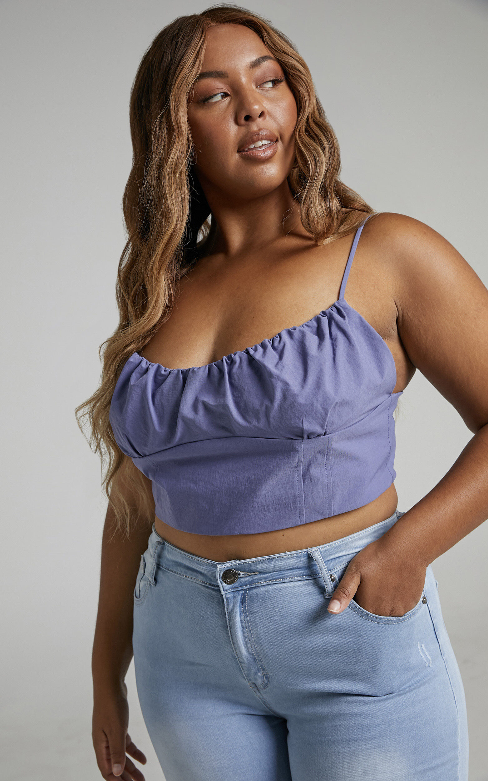 Keriana Gathered Front Corset Crop Top in Steel Blue - 06, BLU1, super-hi-res image number null