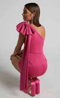 Shaima Mini Dress - One Shoulder Bow Detail Cape Sleeve Dress in Pink