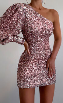 Luecia Asymmetric One Shoulder Puff Sleeve Mini Dress in Pink Sequin
