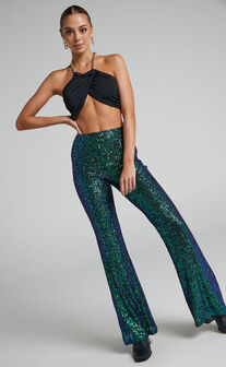Deliza High Waisted Sequins Flare Pants in Mermaid Teal