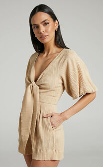 Celestia Plunge Tie Front Puff Sleeve Playsuit in Sand