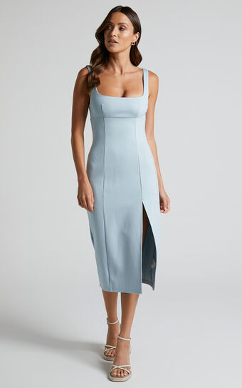 Lola Midi Dress - Square Neck Thigh Split Dress in Pale Blue