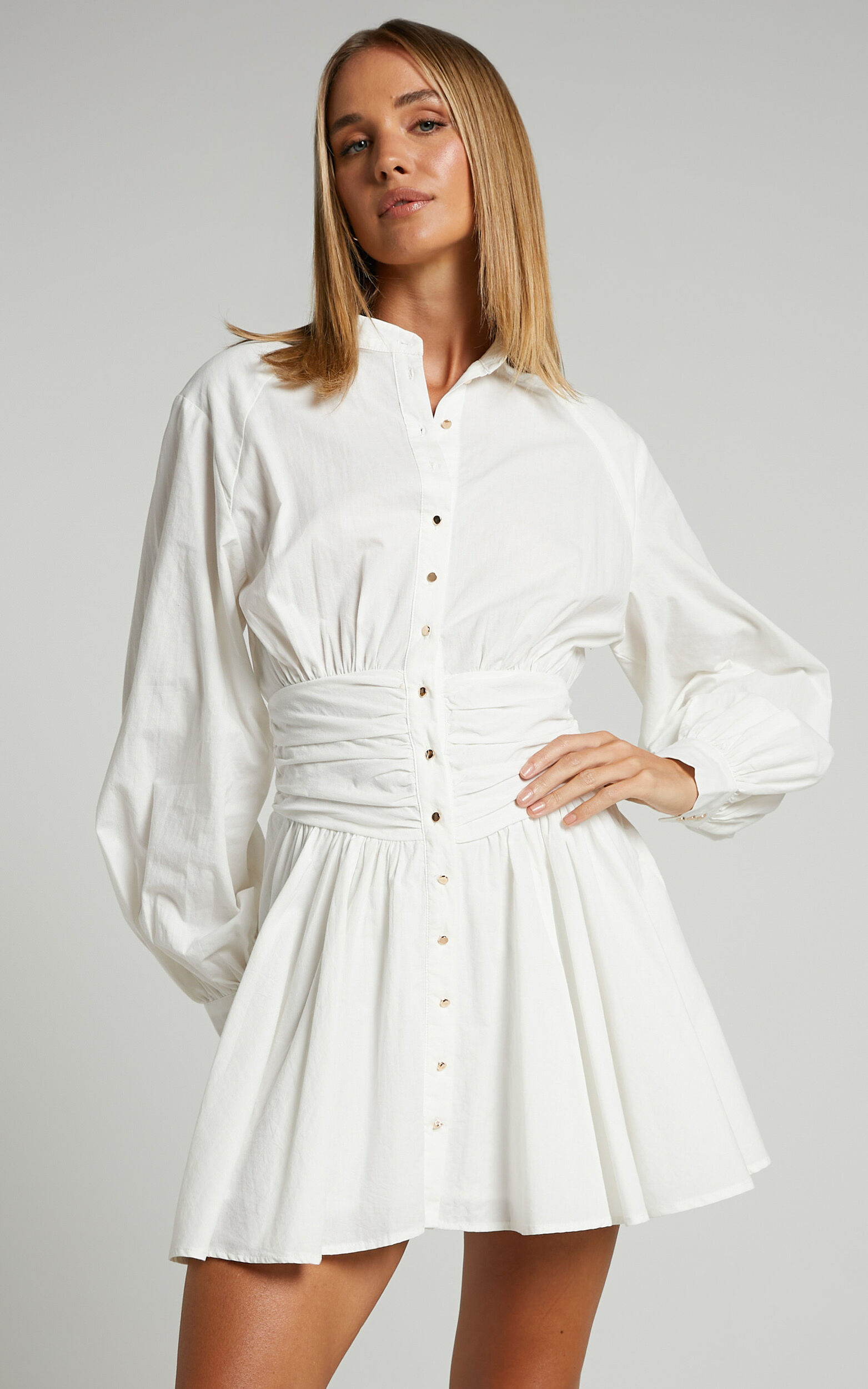 Cazie Mini Dress - Long Sleeve Gathered Waist Button Down Shirt Dress in White - 06, WHT1