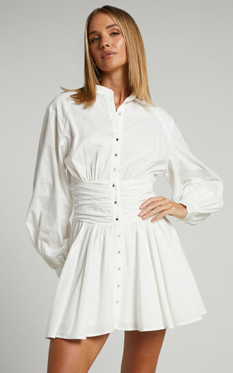 Cazie Mini Dress - Long Sleeve Gathered Waist Button Down Shirt Dress in White