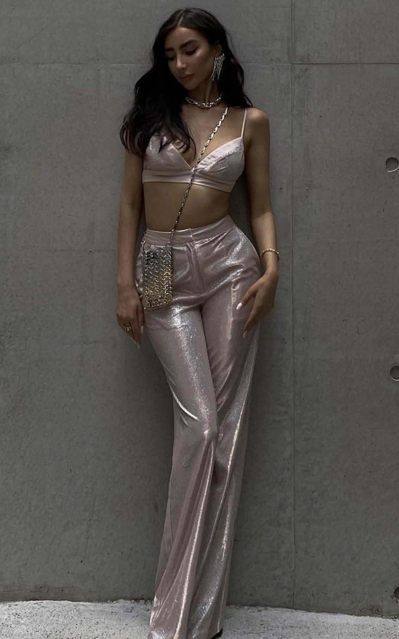 Sharleez Pants - Glitter High Waisted Tailored Wide Leg Pants in Rose Gold - 06, RSG2