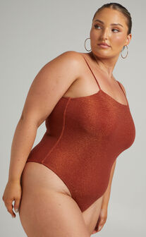 Marley Tie Back Square Neck One Piece in Rust Lurex