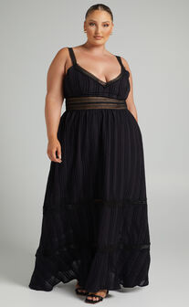 Angelique Midi Dress - Lace Trim Dress in Black