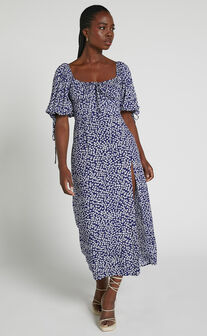 Rosario Midaxi Dress - Ruched Bust Puff Sleeve Dress in Blue Floral